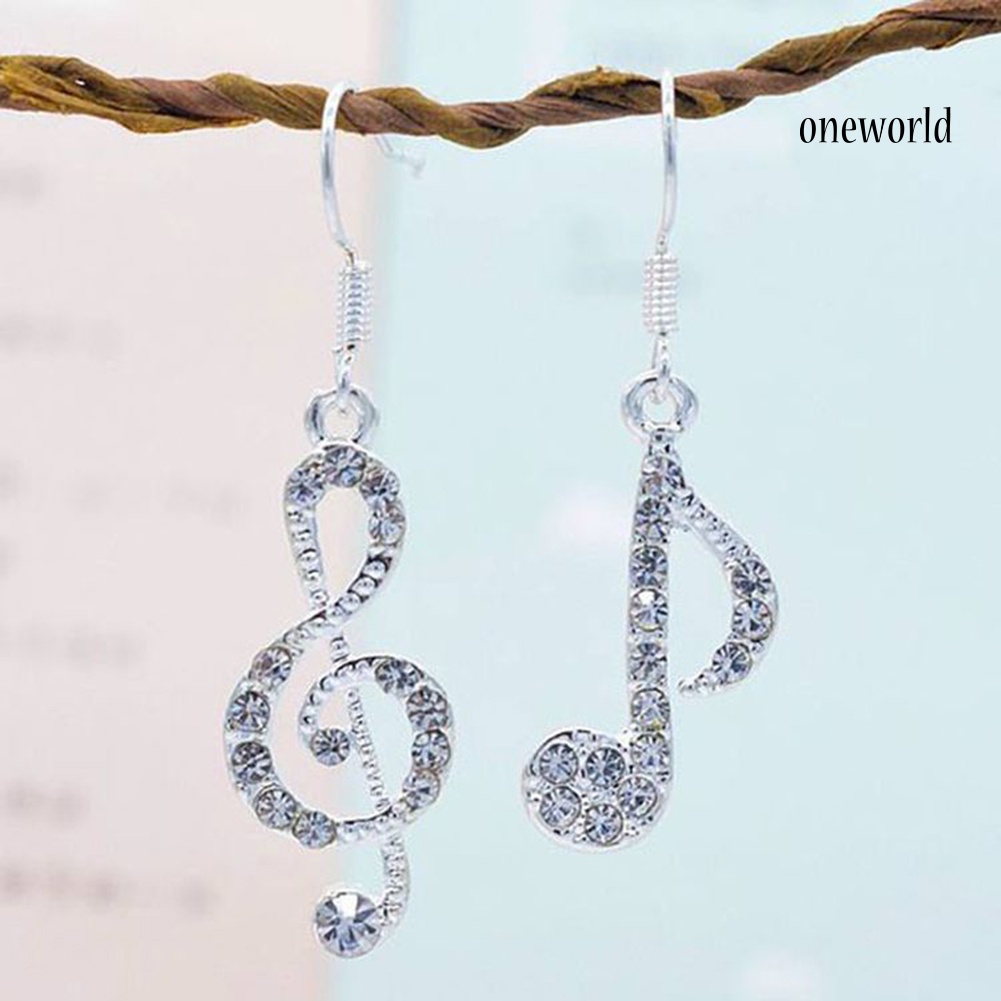 OW@ Fashion Women Rhinestone Inlaid Treble Music Note Charm Dangle Hook Earring