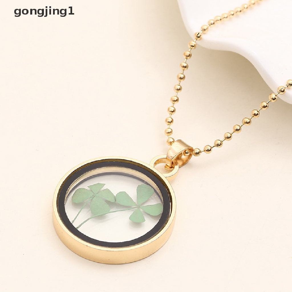 Kalung Liontin Bunga Clover Kering Alami Bahan Resin