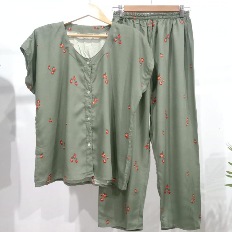 PIYAMA KANCING BUSUI | PIYAMA RAYON  V-NECK | PIYAMA BUSUI | BAJU TIDUR MURAH-KCPD QQ