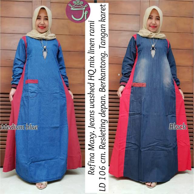 Gamis jeans mix katun linen //JF1002