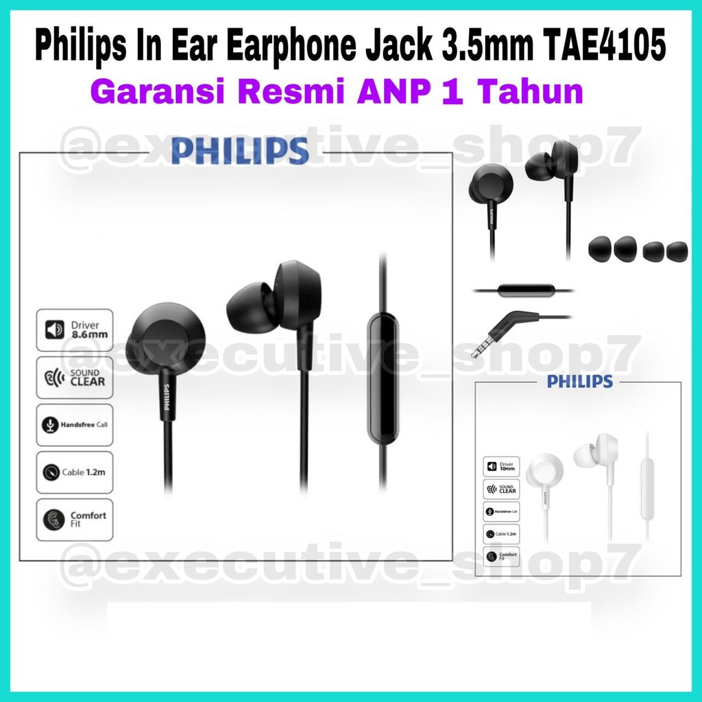 Philips In Ear Earphone Jack 3.5mm TAE4105 - Garansi Resmi ANP 2 Tahun