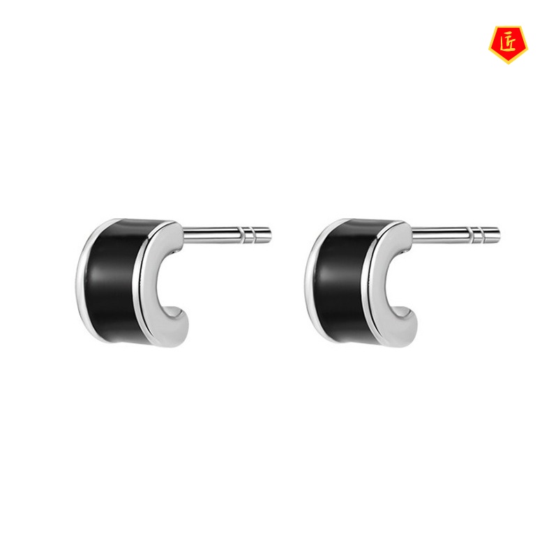 [Ready Stock]Female S925 Silver Compact Black Stud Earrings