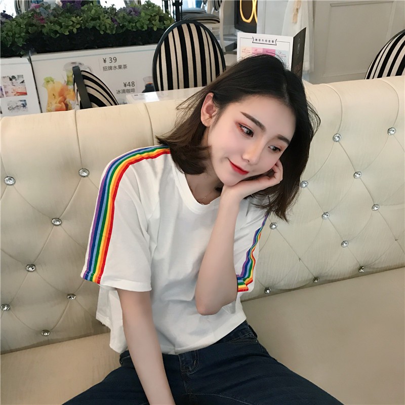  Kaos  T Shirt Korea Longgar Lengan  Pendek  Gambar Pelangi  