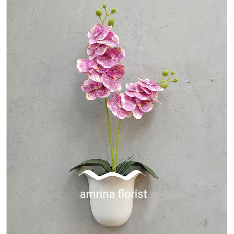 bunga anggrek latex 2 cabang pot tempel dinding//bunga hiasan dinding anggrek bahan latex//bunga ang