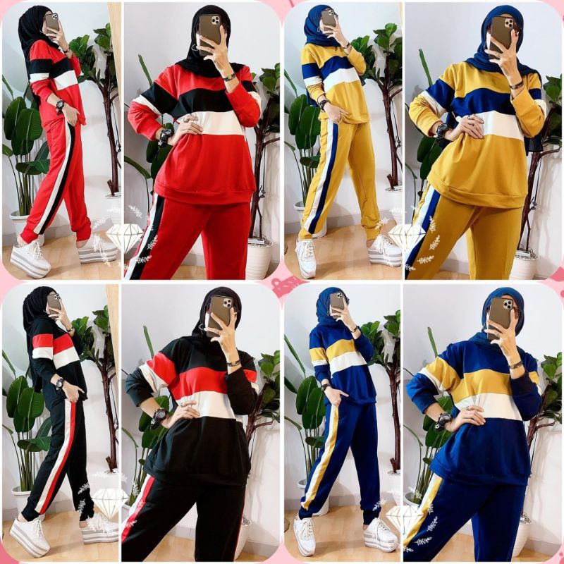 2 UKURAN L DAN JUMBO SET ISWARI PAKAIAN FASHION WANITA SETELAN ATASAN DAN CELANA BABYTERRY MS ADA VIDEO REAL PICT