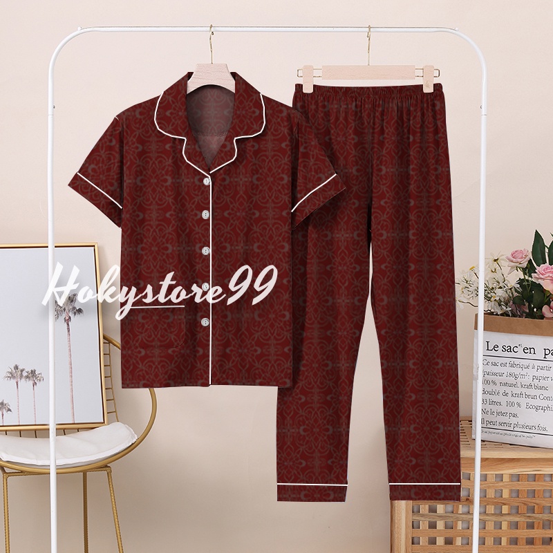 Hokystore99 - Piyama Wanita Dewasa Lengan Pendek Celana Panjang / Baju Tidur Wanita Dewasa (Part.1)-Embos Maroon