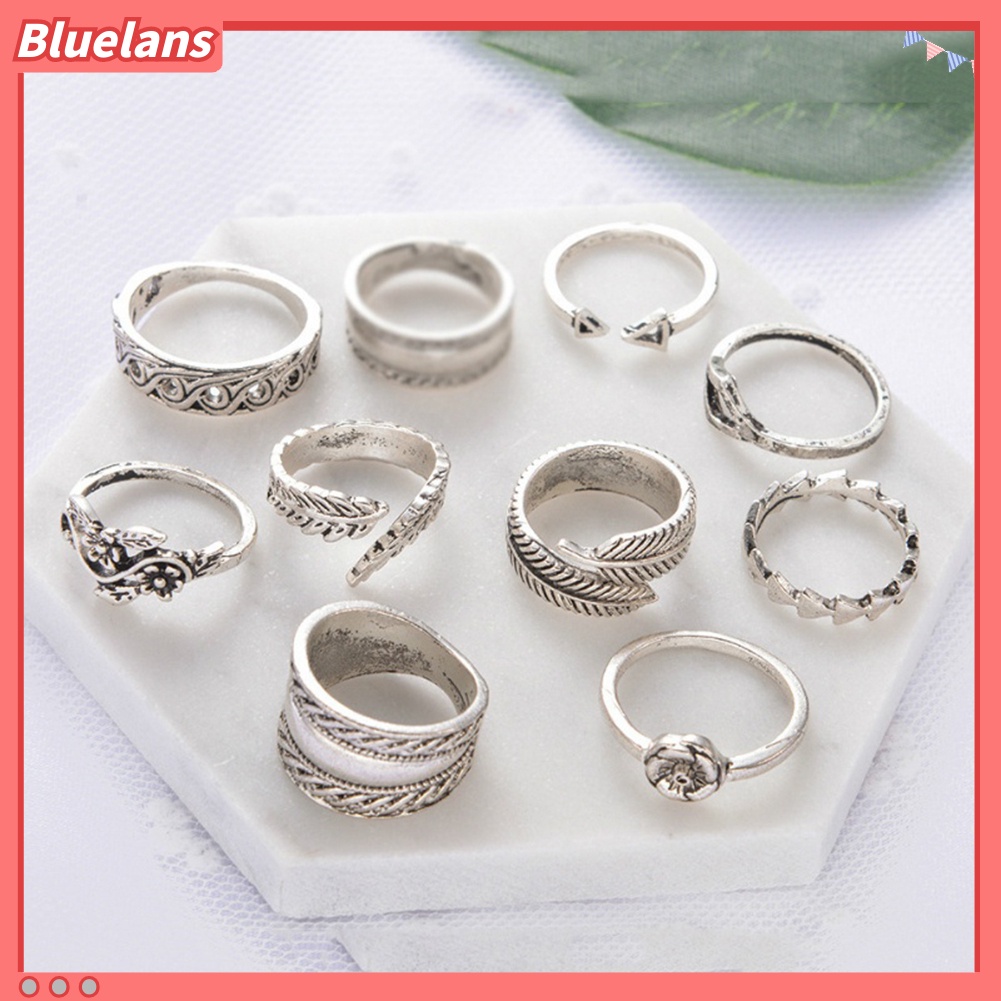 Bluelans 9 Pcs Vintage Women Hollow Carving Flower Leaves Open Band Knuckle Ring Set