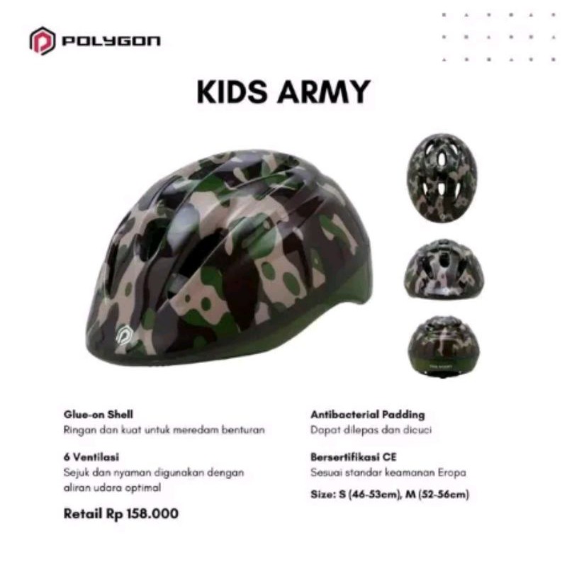 Helm Polygon Kids Army Size S . Helmet Sepeda Anak skuter scooter sepatu roda