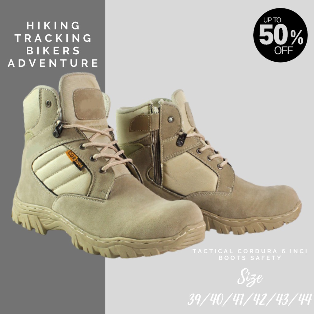 PROMO!! Sepatu safety Boots Pria Tactical Cordura DLT Pendek 6 Inci Ujung Besi Kerja Lapangan CREAM