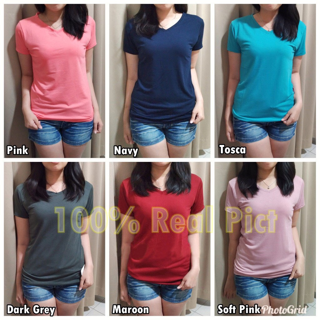 Bess - Kaos Basic V-neck Polos Wanita/ Kaos Lengan Pendek Leher V