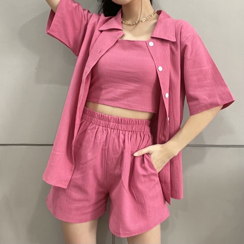 kode 2499 setelan wanita 3in1 3 in 1 kemeja outer luaran celana pendek tanktop tangtop kamisol camis