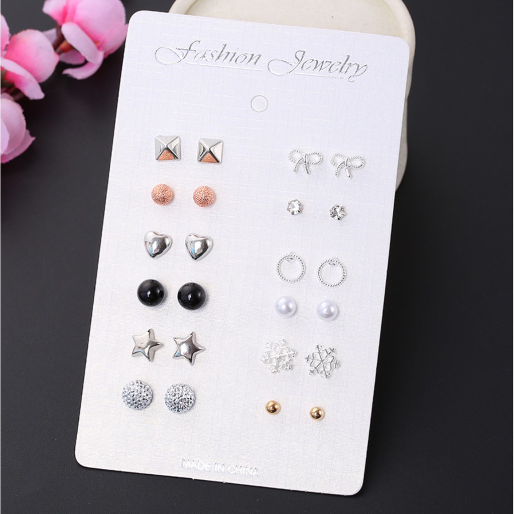 12 Pasang Anting Tindik Set Gaya Korea Fashion Stud Earrings Korean Style Giwang Tusuk High Quality