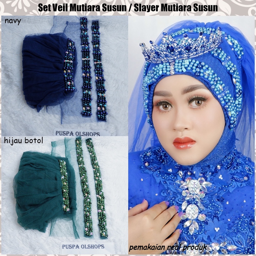 Set Veil Mutiara Susun Slayer Mutiara Susun navy-hijau botol