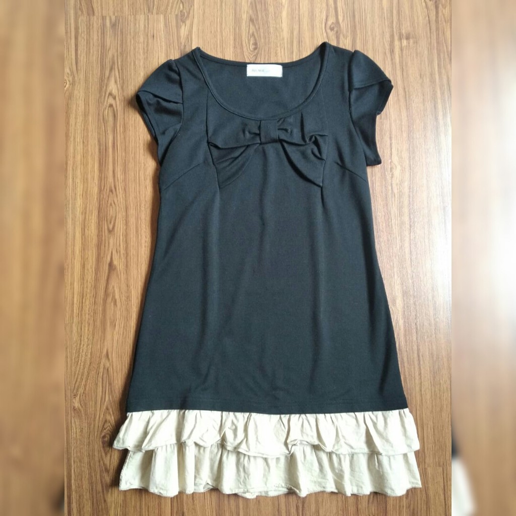 Baju mini dress korea hitam berpita renda coklat lengan pendek