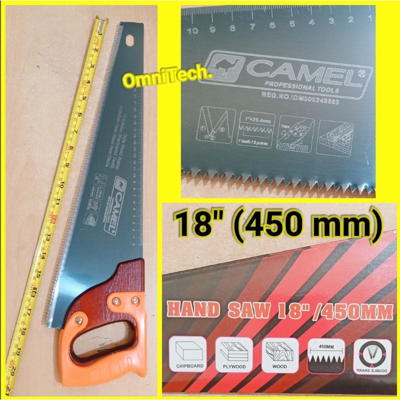 Gergaji Kayu Papan Plywood Manual Tangan 18" 450 mm Gagang Kayu Karet