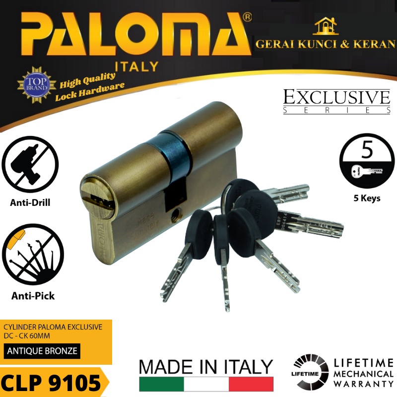 PALOMA CLP 9105 CYLINDER ITALY 60 MM EXCLUSIVE KUNCI PINTU BRASS ANTIQUE BRONZE