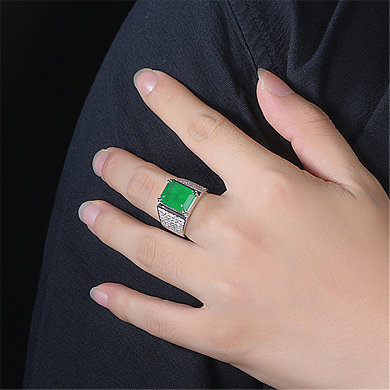 Cincin Emerald Platinum Pria Fashion Perhiasan Kawin Kristal Hijau Rings