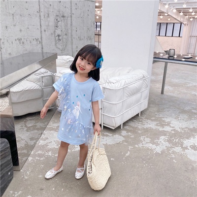 [PRINCESS KESLI] SIZE(90-140)Dress Anak Perempuan Elsa Lengan Pendek T-Shirt Dress/1-9 Tahun Baju Kaos anak cewek