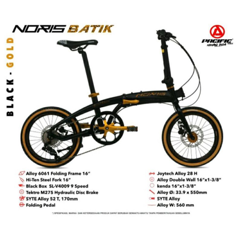 Sepeda Lipat 16 inch Noris Batik Alloy 9 Speed Double Disc Hidrolik Garansi Pacific