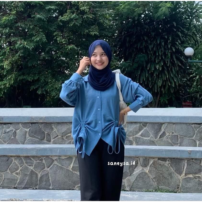 Becca Ruched Shirt - Kemeja Serut Wanita - Kemeja Katun Oversized Serut Depan - Helwa Shirt Kemeja Serut Crinkle Airflow - Atasan Wanita Lengan Panjang - Misty Blouse Serut - Kemeja Katun Poplin - Blouse Serut - Blouse Serut Depan