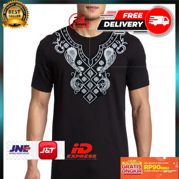 Baju Kaos Lebaran Muslim Pria 3D Islam Islami Sorban / Corak - Hitam