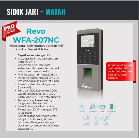 Mesin Absensi Revo WFA 207NC wajah+Sidik jari Support Akses Kontrol,koneksi WiFi,LAN dan Flashdisk