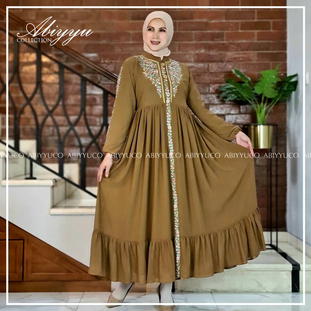 Abiyyuco TA9015 | Dress/Gamis Ceruty Babydoll Busui Hitam, Putih, dan Warna dengan Bordir Cantik