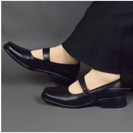 COD Sepatu Pantofel Wanita Cewek Paskibra Hitam Hak 3 cm Bertali Gasper Size 37-41