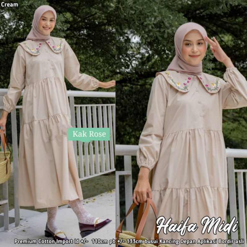 HAIFA MIDI DRESS - KATUN IMPORT PREMIUM - MOTIF BORDIR - BUSUI FRIENDLY