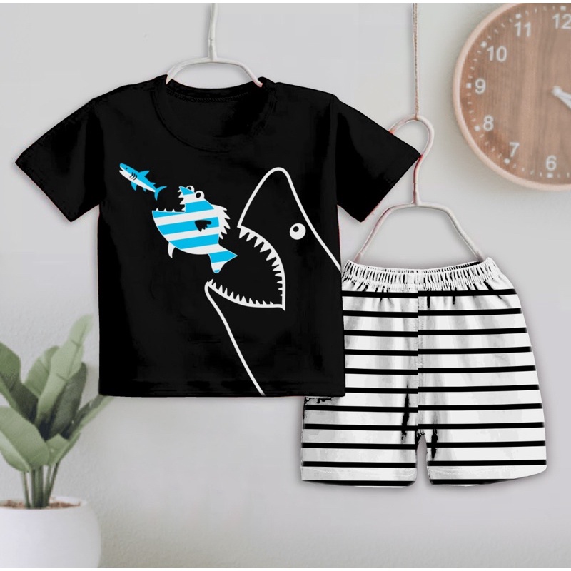 SETELAN ANAK COWOK KARAKTER SHARK HIU CUTE ALL SIZE 6 BULAN -3 TAHUN PAKAI