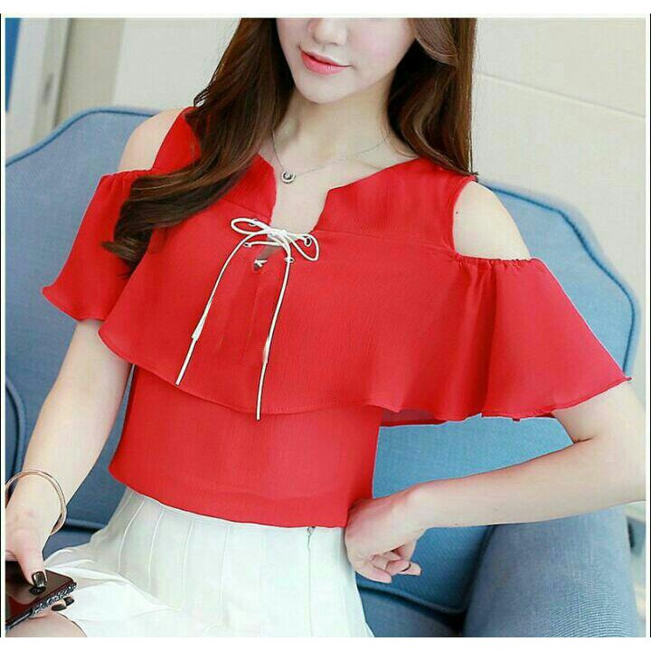 O   TOP NA CYNTHIA Baju atasan wanita cewe blouse kerja kantor pundak bahu bolong tali depan dada m