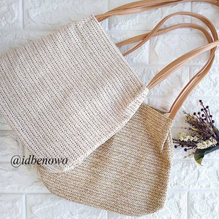 Terlaris Tas Wanita Rajut Rotan Simpel & Keren - Tas Totebag Cewek Rajut TW1828 - Krem