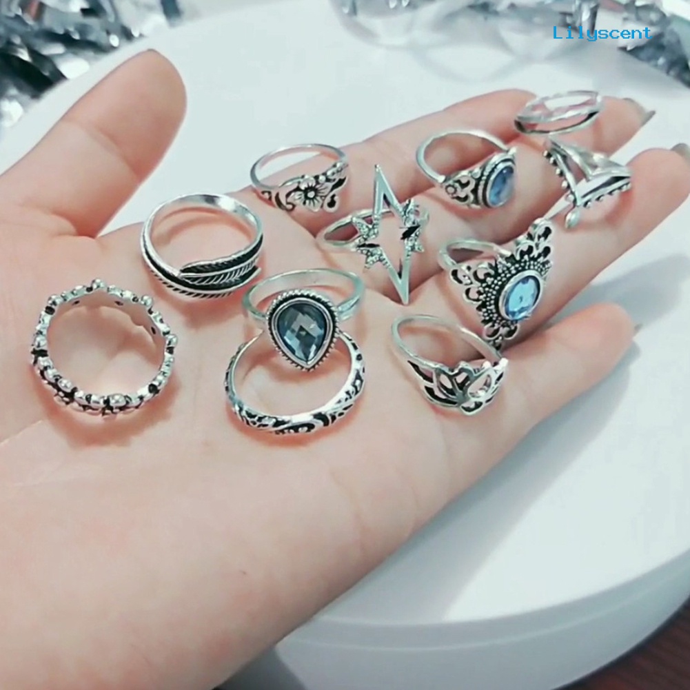 11pcs Cincin Knuckle Midi Model Hollow Aksen Berlian Imitasi Gaya Retro Untuk Wanita