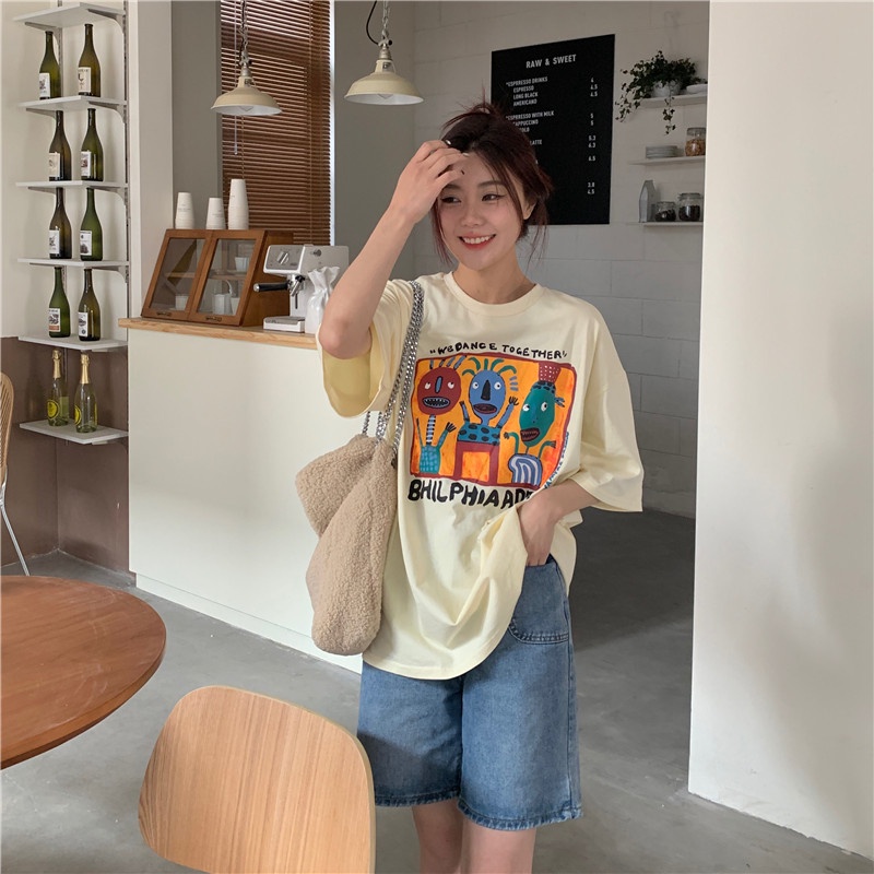 baju atasan wanita doodle abstract painting graphic printing t shirt korean style lengan pendek kaos hitam