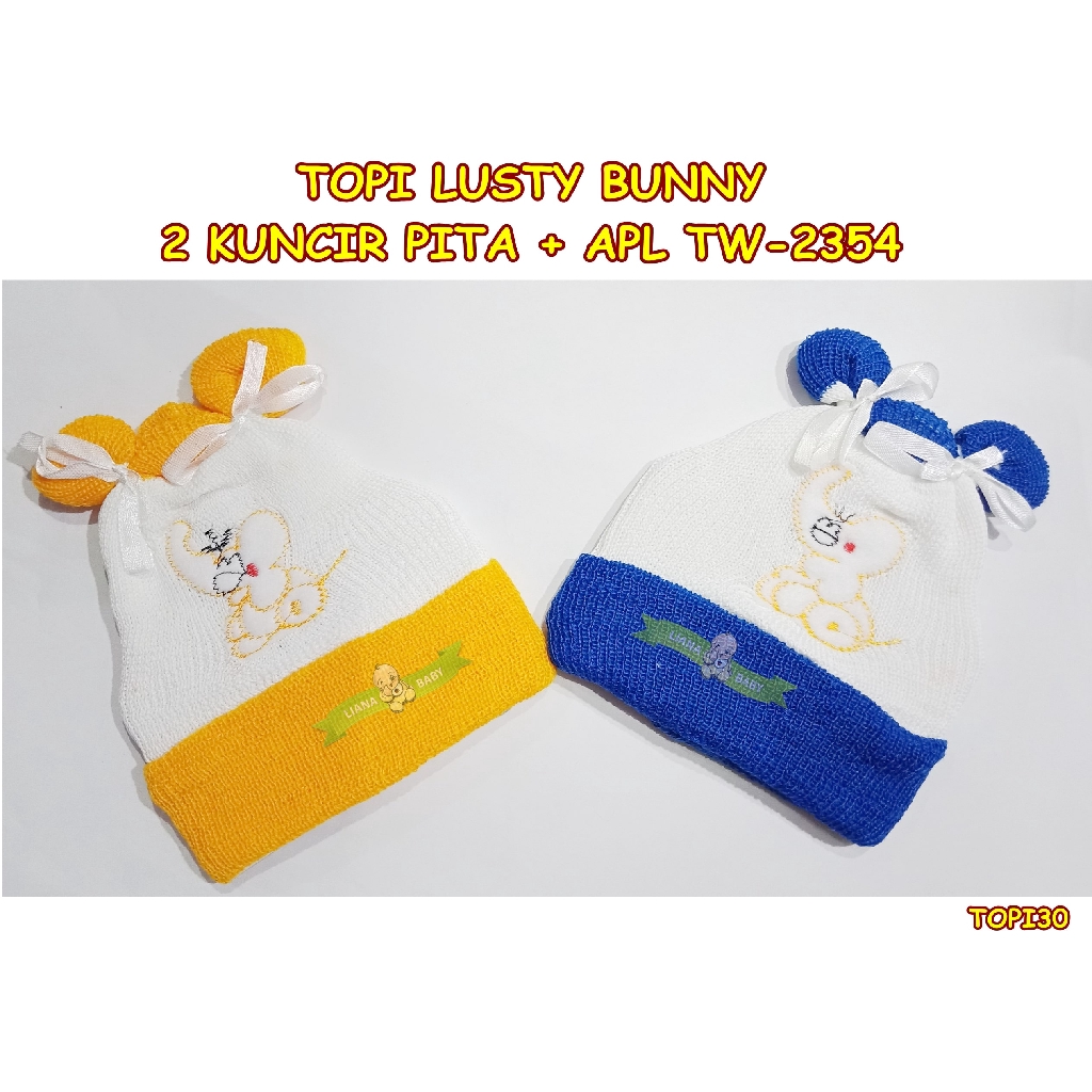 TOPI30 TOPI BAYI LUSTY BUNNY TOPI RAJUT 2 KUNCIR PITA TW-2354