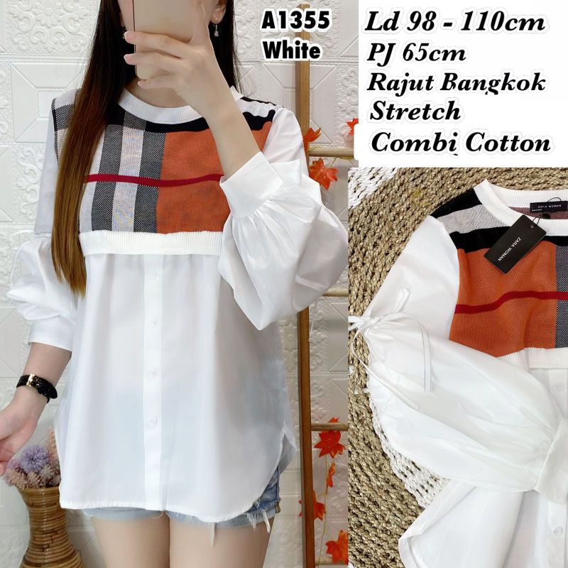 Atasan / blouse wanita A1355, rajut combi katun bangkok BB kotak-kotak, fashion wanita, kantor, kuli