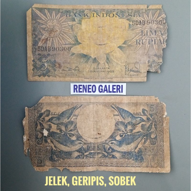 Asli Hancur 5 Rupiah tahun 1959 seri Bunga Rp burung uang lama duit kuno jadul lawas Indonesia Original antik