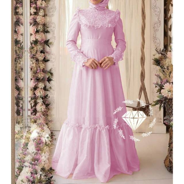 Maxi Musdalifah Dusty Pink - Dress Gamis Pesta Mewah Brokat Organza