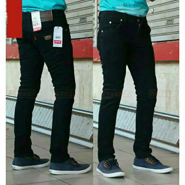 [BAYAR DITEMPAT/COD] Plain Black Hitam Pekat Long Pants Jeans Celana Panjang Stretch Karet Ngaret