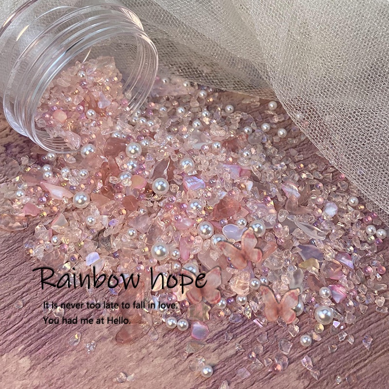 【 COD 】RAINBOW HOPE STONE SEASHELL+PEARL+BUTTERFLY STONE POT HIASAN BATU ALAM KUKU GAYA JEPANG HIASAN KUKU NAIL ART STONE