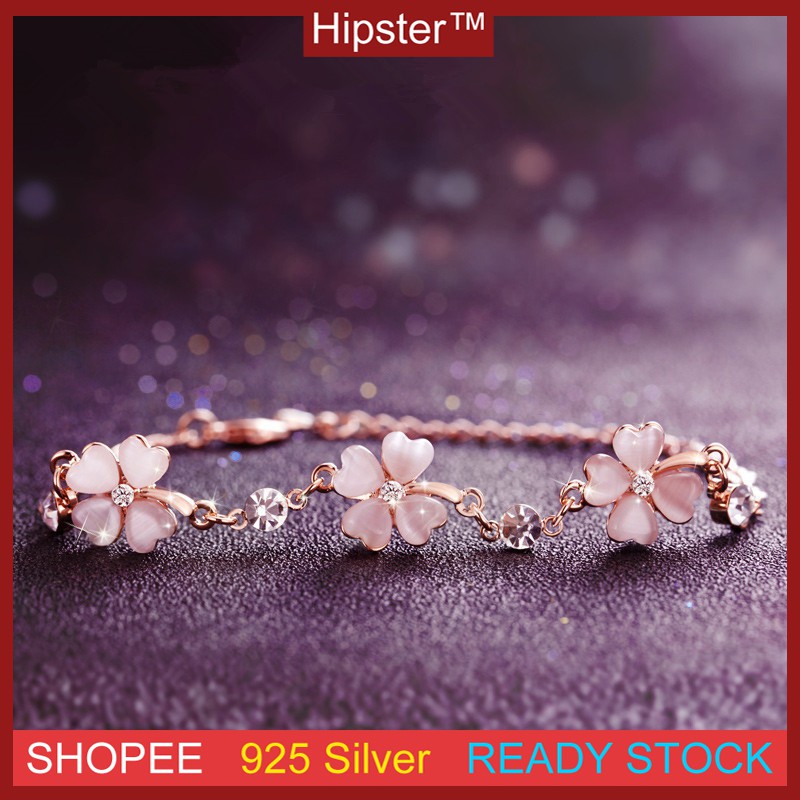 Fashion Aksesoris Pink Diamond Clover Bracelet Gelang Bunga Persik