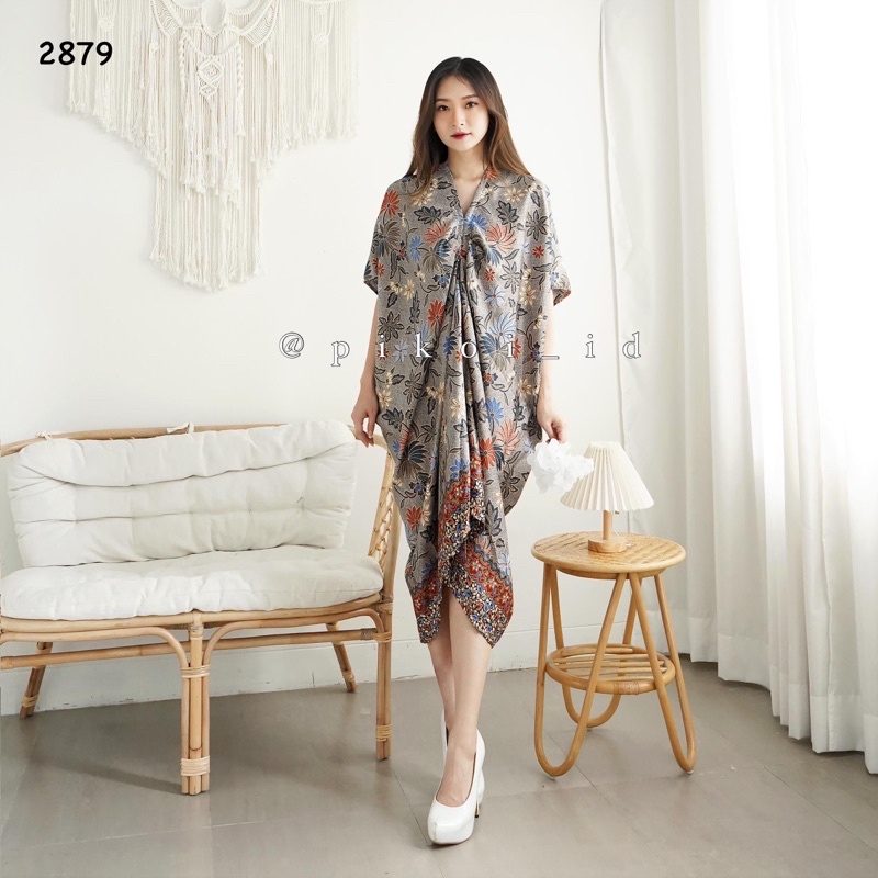 Kaftan Batik Dress Satin Dobby Putih Biru Ramadhan Lebaran / Kaftan Kondangan Couple Korea / 2793