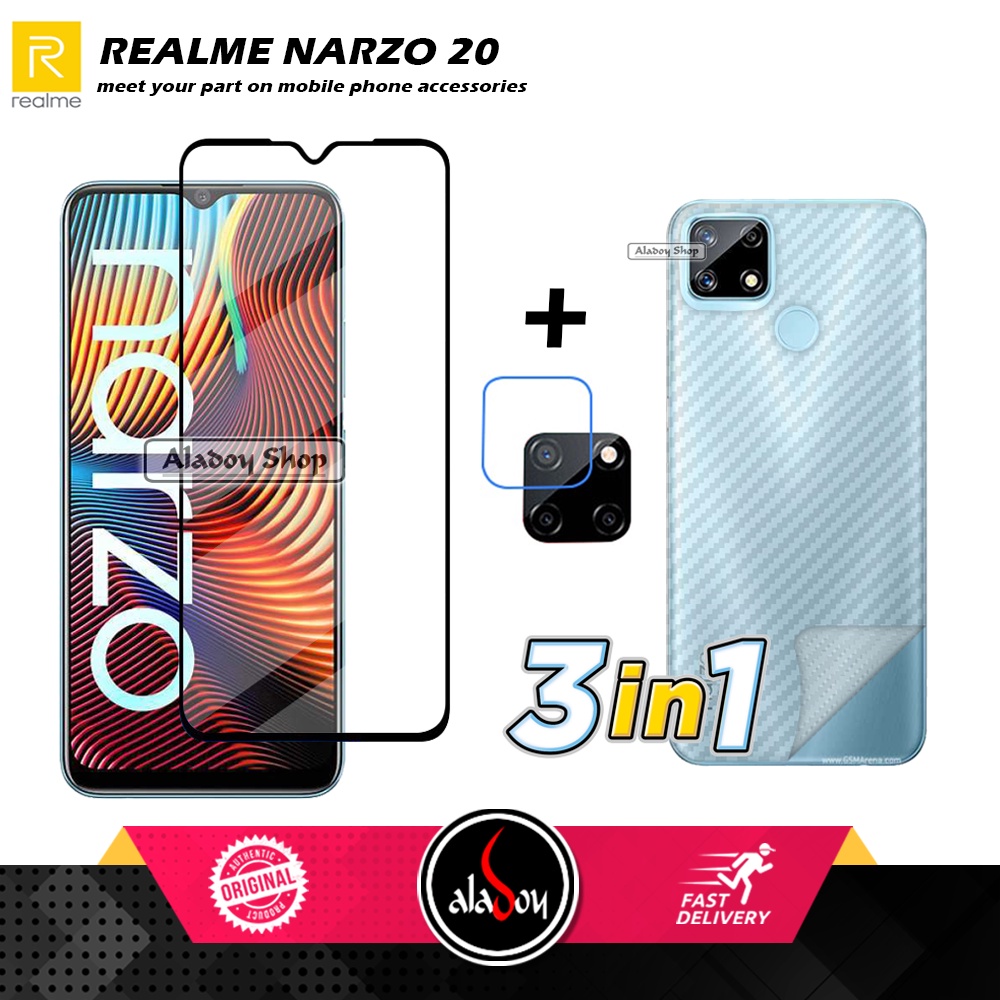 PAKET  3 IN 1Tempered Glass Layar  REALME NARZO 20 Free Tempered Glass Camera lens dan Skin carbon