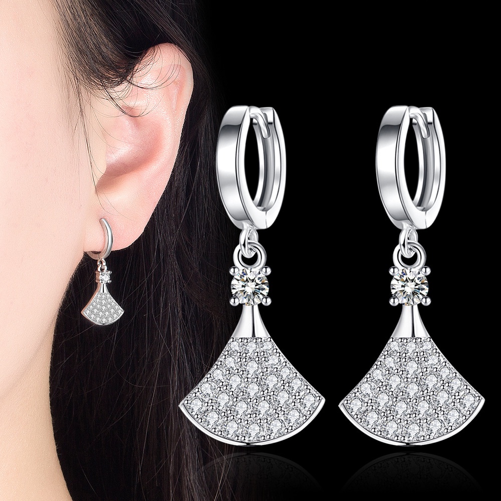 Anting Perak 925 Wanita berbentuk kipas setengah panjang Perhiasan Fashion/Subang Telinga anting perempuan