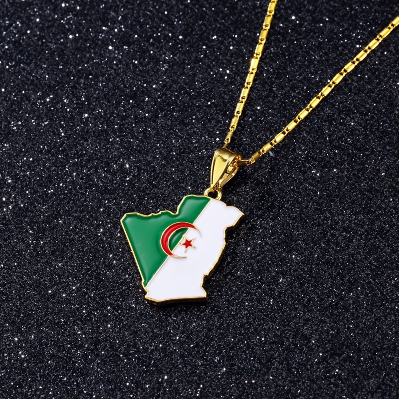 Algeria Map Necklace Unisex Algeria Flag Drop Gold Necklace 18K Gold Fashion Hip Hop Necklace Jewelry