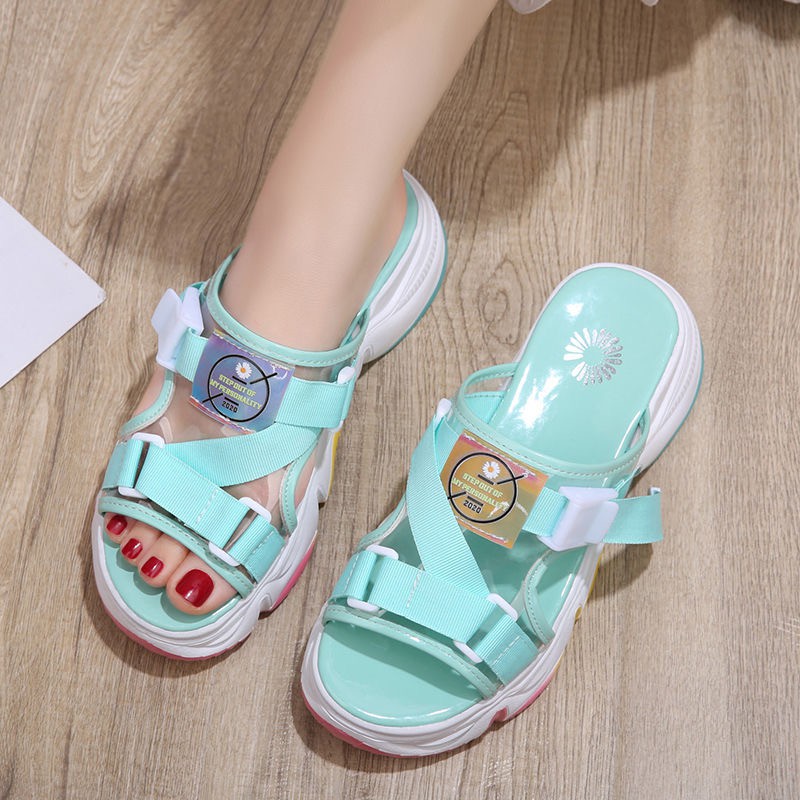 Sandals Wanita Slip Sandal Flip Flop cewek Anti Slip Tinggi Motif Colourfull Outsole Pelangi Trendy