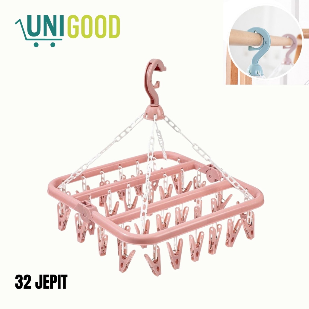 UNIGOOD - Gantungan Jepit Jemuran Hanger Kaos Kaki 32 Pcs Klip Bisa Diputar Jepitan Serbaguna