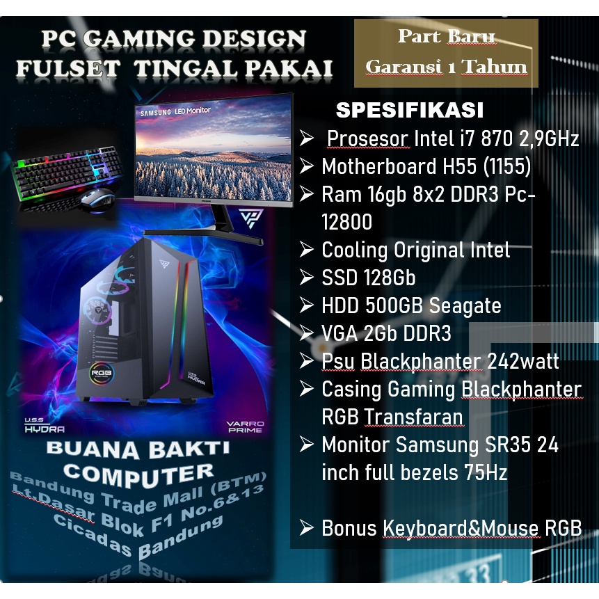 PC Gaming Design Intel I7 Ram 16Gb Vga 2Gb SSD 128Gb Monitor 24Inch /Keyboad RGB Tinggal Pakai