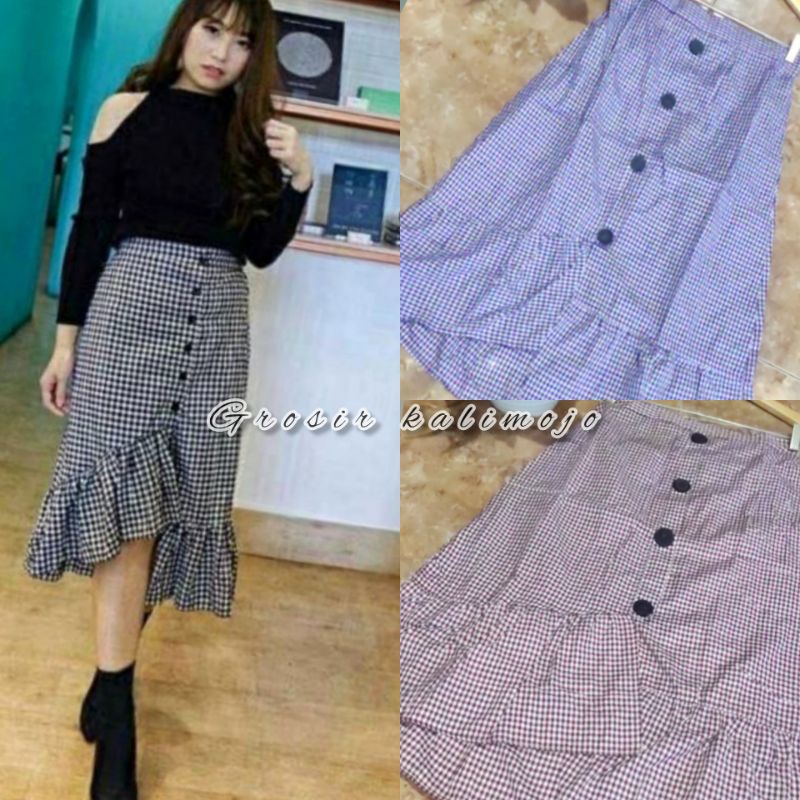 ROK KOREAN STYLE / ROK RUFFLE ZAHRA KOTAK/ROK KOTAK KANCING DEPAN