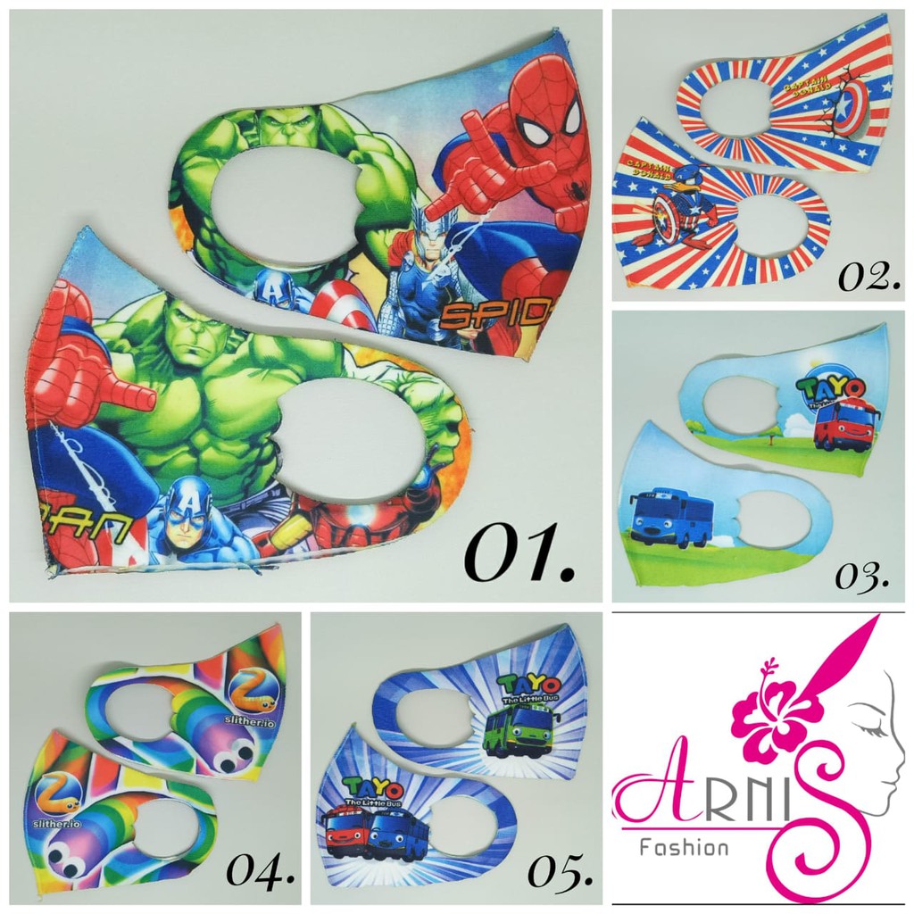 Arnis Masker Anak Non Medis Bahan Scuba Tebal dengan Motif Printing Lucu Bergambar / COD